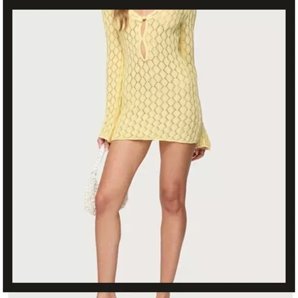 Edikted Brie Yellow Crochet Cut-Out Mini Dress XS NWT Festival Beach Cover Up - Picture 3 of 12